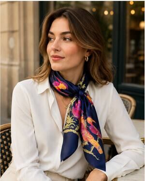 Vintage Silk Suzanne Collection Thai Silk Bird Scarf Navy Tropical Print 35”